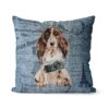 Brown Cocker Spaniel dog Inspired Denim Style Throw Pillow Cushion - Travel collection 2 Adventure is out there cushion Brown Cocker Spaniel Faded Ephemera Denim front view