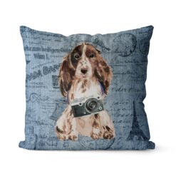 Brown Cocker Spaniel dog Inspired Denim Style Throw Pillow Cushion - Travel collection