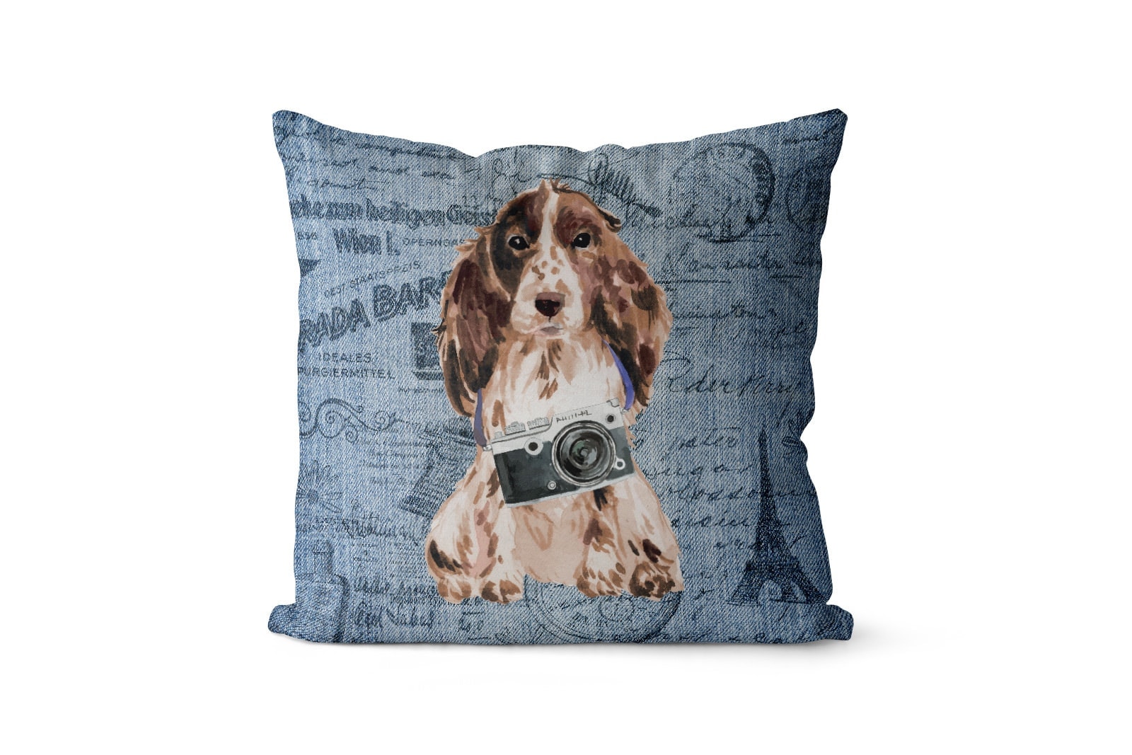 Brown Cocker Spaniel dog Inspired Denim Style Throw Pillow Cushion - Travel collection 3 Brown Cocker Spaniel dog Inspired Denim Style Throw Pillow Cushion - Travel collection