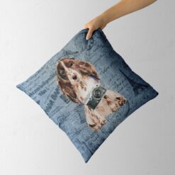 Brown Cocker Spaniel dog Inspired Denim Style Throw Pillow Cushion - Travel collection 13 Adventure is out there cushion Brown Cocker Spaniel Faded Ephemera Denim holding in hand