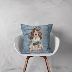 Brown Cocker Spaniel dog Inspired Denim Style Throw Pillow Cushion - Travel collection 12 Adventure is out there cushion Brown Cocker Spaniel Faded Ephemera Denim white chair