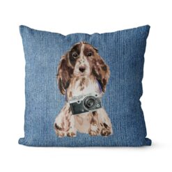 Brown Cocker Spaniel dog Inspired Denim Style Throw Pillow Cushion - Travel collection 15 Adventure is out there cushion Brown Cocker Spaniel Gently Faded Denim front view