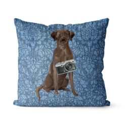 Brown Labrador retriever dog Inspired Denim Style Throw Pillow Cushion - Travel collection 19 Adventure is out there cushion Brown Labrador retriever Bleached Damask Denim front view