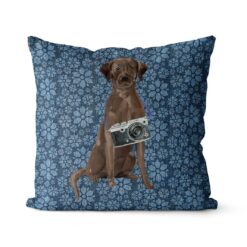 Brown Labrador retriever dog Inspired Denim Style Throw Pillow Cushion - Travel collection 18 Adventure is out there cushion Brown Labrador retriever Daisy Denim front view