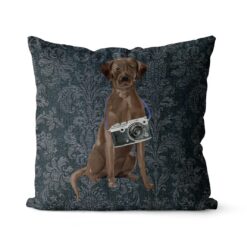 Brown Labrador retriever dog Inspired Denim Style Throw Pillow Cushion - Travel collection 17 Adventure is out there cushion Brown Labrador retriever Dark Damask Denim front view