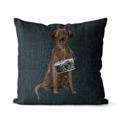Brown Labrador retriever dog Inspired Denim Style Throw Pillow Cushion - Travel collection 16 Adventure is out there cushion Brown Labrador retriever Dark Denim front view