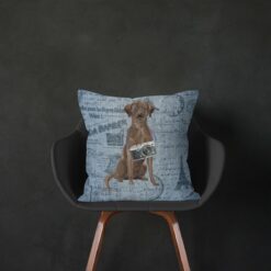 Brown Labrador retriever dog Inspired Denim Style Throw Pillow Cushion - Travel collection 14 Adventure is out there cushion Brown Labrador retriever Faded Ephemera Denim black chair