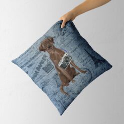 Brown Labrador retriever dog Inspired Denim Style Throw Pillow Cushion - Travel collection 13 Adventure is out there cushion Brown Labrador retriever Faded Ephemera Denim holding in hand