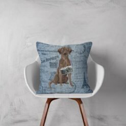 Brown Labrador retriever dog Inspired Denim Style Throw Pillow Cushion - Travel collection 12 Adventure is out there cushion Brown Labrador retriever Faded Ephemera Denim white chair
