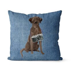Brown Labrador retriever dog Inspired Denim Style Throw Pillow Cushion - Travel collection 15 Adventure is out there cushion Brown Labrador retriever Gently Faded Denim front view