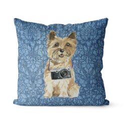 Cairn Terrier dog Inspired Denim Style Throw Pillow Cushion - Travel collection 20 Adventure is out there cushion Cairn Terrier Bleached Damask Denim front view
