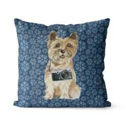 Cairn Terrier dog Inspired Denim Style Throw Pillow Cushion - Travel collection 19 Adventure is out there cushion Cairn Terrier Daisy Denim front view