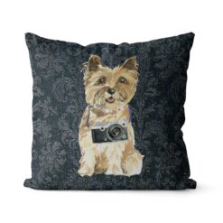 Cairn Terrier dog Inspired Denim Style Throw Pillow Cushion - Travel collection 18 Adventure is out there cushion Cairn Terrier Dark Damask Denim front view