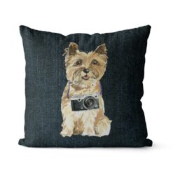 Cairn Terrier dog Inspired Denim Style Throw Pillow Cushion - Travel collection 17 Adventure is out there cushion Cairn Terrier Dark Denim front view