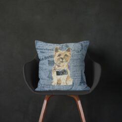 Cairn Terrier dog Inspired Denim Style Throw Pillow Cushion - Travel collection 14 Adventure is out there cushion Cairn Terrier Faded Ephemera Denim black chair