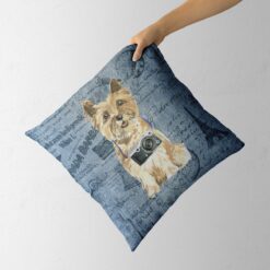 Cairn Terrier dog Inspired Denim Style Throw Pillow Cushion - Travel collection 13 Adventure is out there cushion Cairn Terrier Faded Ephemera Denim holding in hand