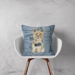 Cairn Terrier dog Inspired Denim Style Throw Pillow Cushion - Travel collection 12 Adventure is out there cushion Cairn Terrier Faded Ephemera Denim white chair