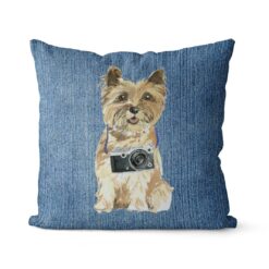 Cairn Terrier dog Inspired Denim Style Throw Pillow Cushion - Travel collection 16 Adventure is out there cushion Cairn Terrier Gently Faded Denim front view