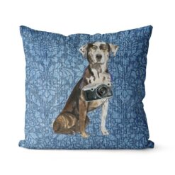 Adventure is out there cushion Catahoula Leopard Dog Bleached Damask Denim front view