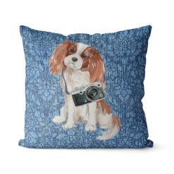 Cavalier King Charles Spaniel dog Inspired Denim Style Throw Pillow Cushion - Travel collection 19 Adventure is out there cushion Cavalier King Charles Spaniel Bleached Damask Denim front view