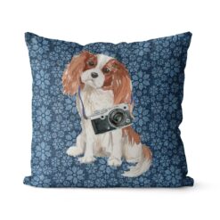 Cavalier King Charles Spaniel dog Inspired Denim Style Throw Pillow Cushion - Travel collection 18 Adventure is out there cushion Cavalier King Charles Spaniel Daisy Denim front view