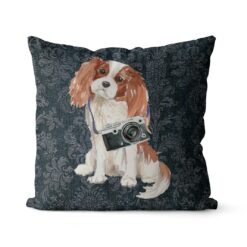 Cavalier King Charles Spaniel dog Inspired Denim Style Throw Pillow Cushion - Travel collection 17 Adventure is out there cushion Cavalier King Charles Spaniel Dark Damask Denim front view