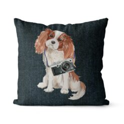 Cavalier King Charles Spaniel dog Inspired Denim Style Throw Pillow Cushion - Travel collection 16 Adventure is out there cushion Cavalier King Charles Spaniel Dark Denim front view