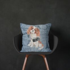 Cavalier King Charles Spaniel dog Inspired Denim Style Throw Pillow Cushion - Travel collection 14 Adventure is out there cushion Cavalier King Charles Spaniel Faded Ephemera Denim black chair