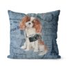 Cavalier King Charles Spaniel dog Inspired Denim Style Throw Pillow Cushion - Travel collection 1 Adventure is out there cushion Cavalier King Charles Spaniel Faded Ephemera Denim front view