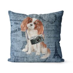 Cavalier King Charles Spaniel dog Inspired Denim Style Throw Pillow Cushion - Travel collection