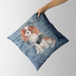 Cavalier King Charles Spaniel dog Inspired Denim Style Throw Pillow Cushion - Travel collection 13 Adventure is out there cushion Cavalier King Charles Spaniel Faded Ephemera Denim holding in hand