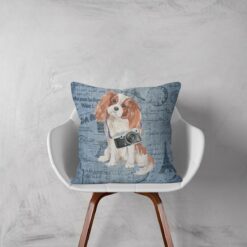 Cavalier King Charles Spaniel dog Inspired Denim Style Throw Pillow Cushion - Travel collection 12 Adventure is out there cushion Cavalier King Charles Spaniel Faded Ephemera Denim white chair
