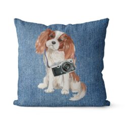 Cavalier King Charles Spaniel dog Inspired Denim Style Throw Pillow Cushion - Travel collection 15 Adventure is out there cushion Cavalier King Charles Spaniel Gently Faded Denim front view