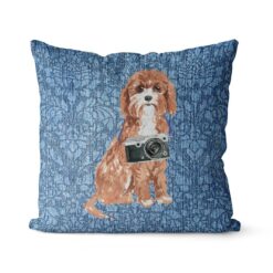 Cavapoo dog Inspired Denim Style Throw Pillow Cushion - Travel collection 18 Adventure is out there cushion Cavapoo Bleached Damask Denim front view