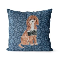 Cavapoo dog Inspired Denim Style Throw Pillow Cushion - Travel collection 17 Adventure is out there cushion Cavapoo Daisy Denim front view
