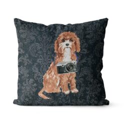 Cavapoo dog Inspired Denim Style Throw Pillow Cushion - Travel collection 16 Adventure is out there cushion Cavapoo Dark Damask Denim front view