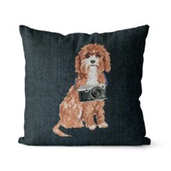 Cavapoo dog Inspired Denim Style Throw Pillow Cushion - Travel collection 15 Adventure is out there cushion Cavapoo Dark Denim front view