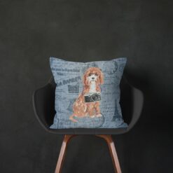 Cavapoo dog Inspired Denim Style Throw Pillow Cushion - Travel collection 13 Adventure is out there cushion Cavapoo Faded Ephemera Denim black chair
