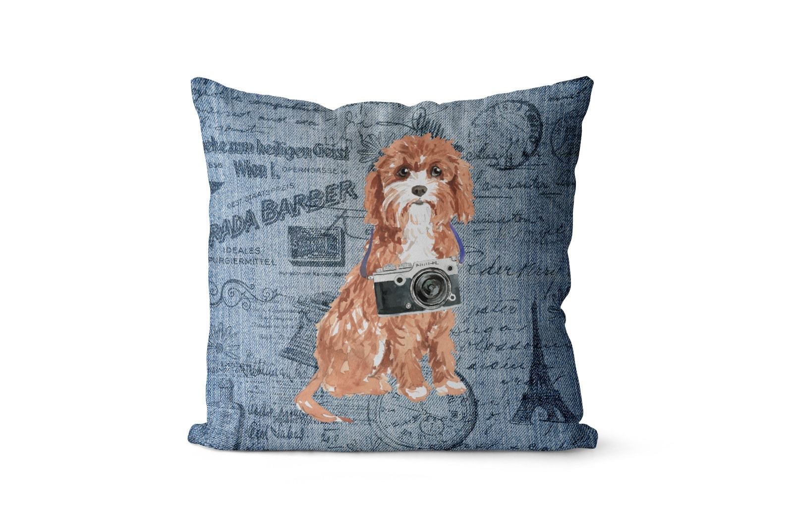 Cavapoo dog Inspired Denim Style Throw Pillow Cushion - Travel collection 2 Cavapoo dog Inspired Denim Style Throw Pillow Cushion - Travel collection