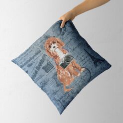 Cavapoo dog Inspired Denim Style Throw Pillow Cushion - Travel collection 12 Adventure is out there cushion Cavapoo Faded Ephemera Denim holding in hand