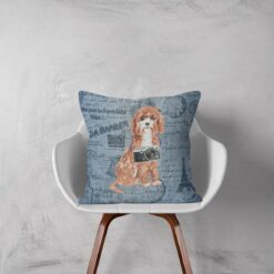 Cavapoo dog Inspired Denim Style Throw Pillow Cushion - Travel collection 11 Adventure is out there cushion Cavapoo Faded Ephemera Denim white chair