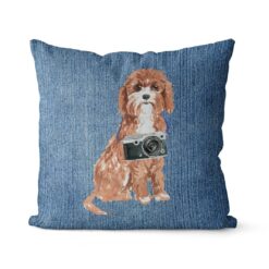 Cavapoo dog Inspired Denim Style Throw Pillow Cushion - Travel collection 14 Adventure is out there cushion Cavapoo Gently Faded Denim front view