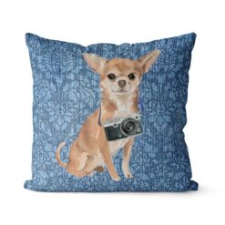 Chihuahua dog Inspired Denim Style Throw Pillow Cushion - Travel collection 19 Adventure is out there cushion Chihuahua Bleached Damask Denim front view