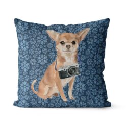 Chihuahua dog Inspired Denim Style Throw Pillow Cushion - Travel collection 18 Adventure is out there cushion Chihuahua Daisy Denim front view