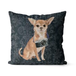 Chihuahua dog Inspired Denim Style Throw Pillow Cushion - Travel collection 17 Adventure is out there cushion Chihuahua Dark Damask Denim front view
