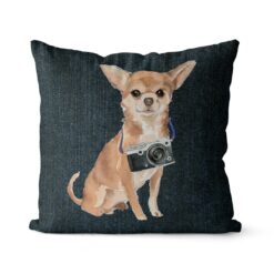 Chihuahua dog Inspired Denim Style Throw Pillow Cushion - Travel collection 16 Adventure is out there cushion Chihuahua Dark Denim front view