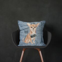 Chihuahua dog Inspired Denim Style Throw Pillow Cushion - Travel collection 14 Adventure is out there cushion Chihuahua Faded Ephemera Denim black chair