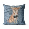 Chihuahua dog Inspired Denim Style Throw Pillow Cushion - Travel collection 1 Adventure is out there cushion Chihuahua Faded Ephemera Denim front view