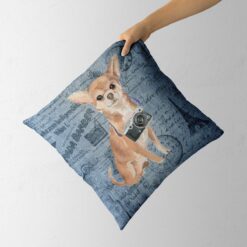 Chihuahua dog Inspired Denim Style Throw Pillow Cushion - Travel collection 13 Adventure is out there cushion Chihuahua Faded Ephemera Denim holding in hand