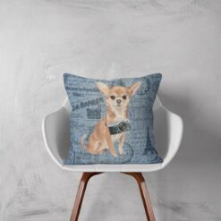 Chihuahua dog Inspired Denim Style Throw Pillow Cushion - Travel collection 12 Adventure is out there cushion Chihuahua Faded Ephemera Denim white chair